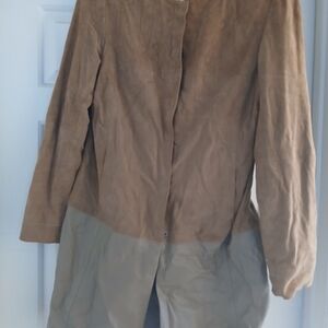 Chico's Two-Tone Suede Long Jacket in Tan and Light Cream